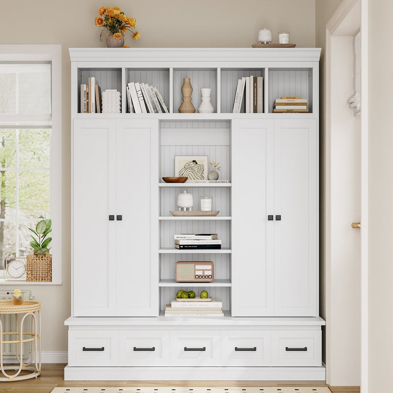 U-Can 78.7''H Hall Tree with Bench and 5 Storage Cubbies, Modern Entryway Storage Organizer Cabinet with 4 Doors, 5 Drawers and Adjustable Shelves for Hallway, Entryway, Living Room