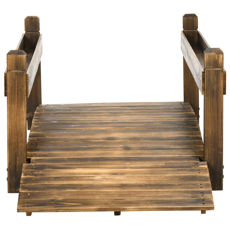 7.5' Wooden Garden Bridge with Planters, Stained Finish Arc Footbridge with Safety Railings for Backyard, Pond Stream, Stained Wood