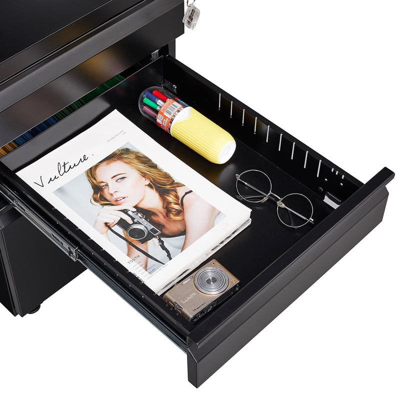 3-Drawer Mobile File Cabinet with Lock, Office Storage Filing Cabinet for Legal/Letter Size, Pre-Assembled Metal File Cabinet Except Wheels Under Desk (Black)