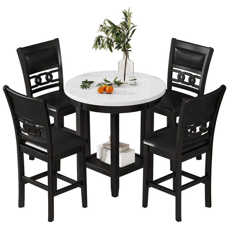 5-piece Counter Height Dining Round Table Set with One Faux Marble Top Dining Table and Four PU-leather Chairs,Dark Espresso