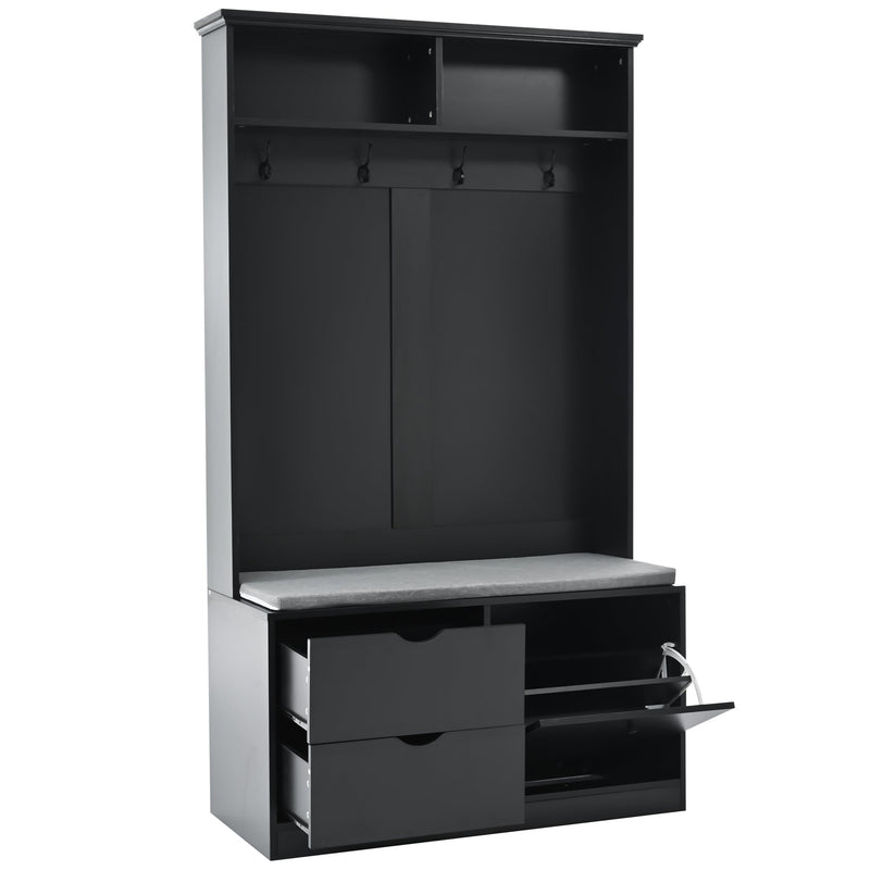 5-in-1 Entryway Bench with Coat Rack, Cushion and 4 Sturdy Hooks, 40.6" Wide Hall Tree with Shoe Storage Bench for Hallway, Entryway, Living Room