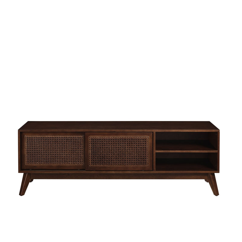 59 Inch Mid Century Modern Rattan TV Stand for 65 Inch TV, Entertainment Cabinet, Media Console for Living Room Bedroom Media Room, Solid Wood Feet & Rattan Cabinet Doors - Dark Wood
