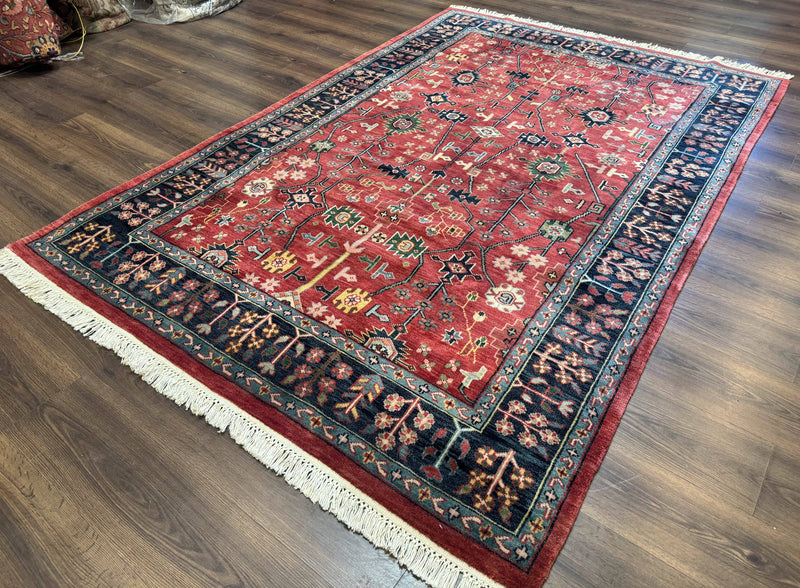 Indo Persian Heriz Serapi Rug 6x8, Rust Red and Navy Blue, Allover Pattern