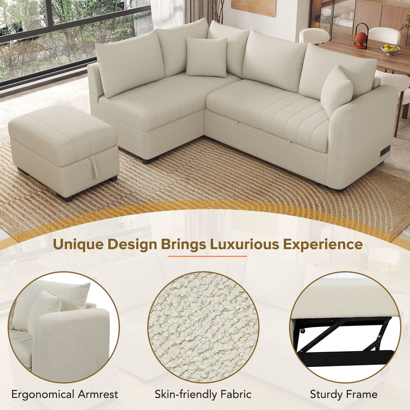 82.6" L-shaped Sectional Pull Out Sofa Bed Sleeper Sofa with Two USB Ports, Two Power Sockets and a Movable Storage Ottoman, Beige