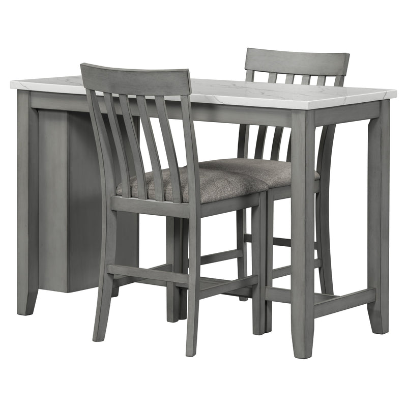 3-piece Counter Height Dining Table Set with Built-in Storage Shelves, One Faux Marble Top Dining Table and 2 counter chairs with footrest,Grey