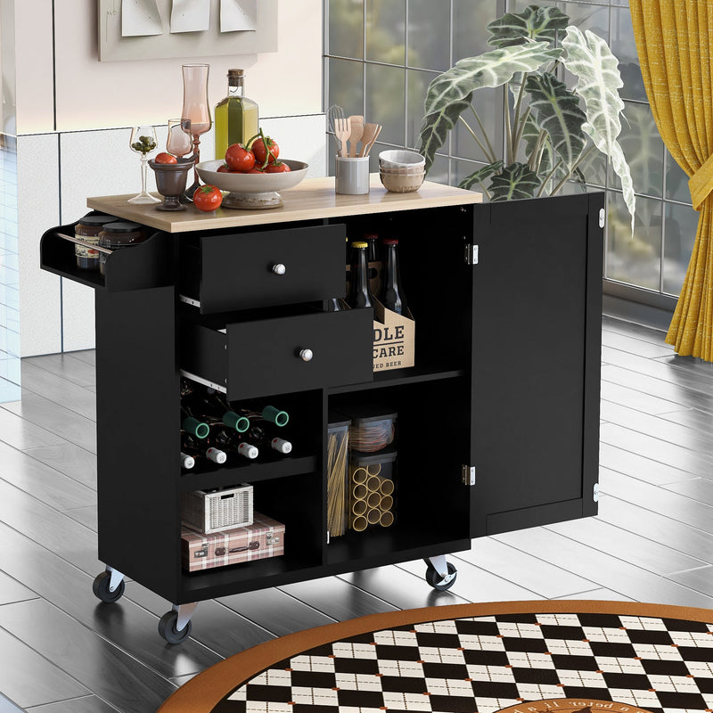 Kitchen Cart with Spice Rack, Towel Rack & Two Drawers, Rubber wood top, Kitchen Island with 4 Wheels for Dining Rooms Kitchens Living Rooms, Black