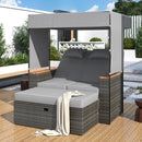 2-Piece Rattan Outdoor Patio Bench Lounge Roof Set, Effective UV Protection Fabric & Waterproof Cushions and Adjustable Backrest for Garden, Backyard and Porch (Grey Wicker + Grey Fabric)