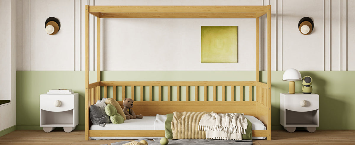 Twin Size Canopy Bed Frame with Guardrails for Kids, photo 4 of 9