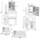Cabinet Vanity Table & Cushioned Stool, USB Power Station, Hair Dryer Bracket - White