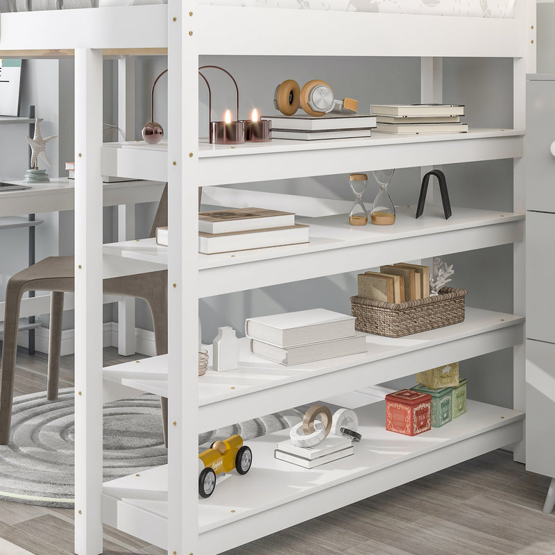 Loft Bed Full with desk,ladder,shelves, White