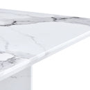 A simple dining table. A dining table with a white marble pattern. 4 PU synthetic leather high backrest cushioned side chairs with C-shaped silver metal legs. DT-SQ-16090-wh