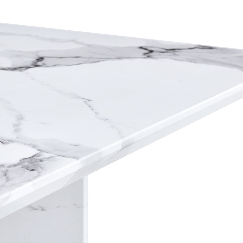 A simple dining table. A dining table with a white marble pattern. 4 PU synthetic leather high backrest cushioned side chairs with C-shaped silver metal legs. DT-SQ-16090-wh
