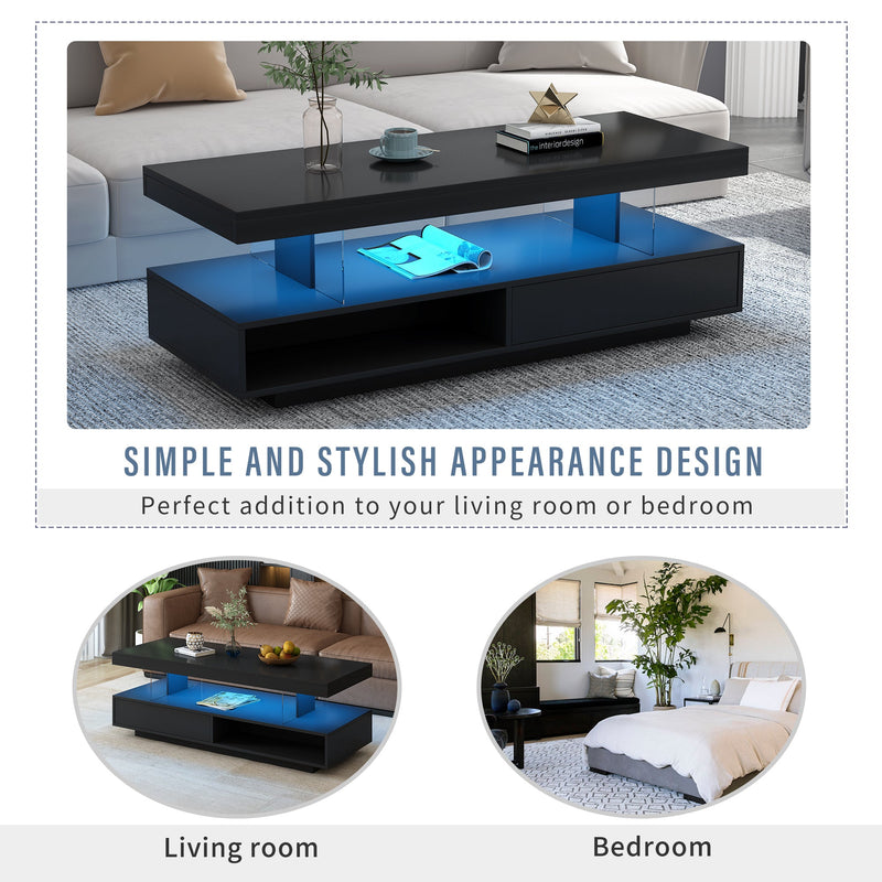 LED Coffee Table with Storage, Modern Center Table with 2 Drawers and Display Shelves, Accent Furniture with LED Lights for Living Room,Black