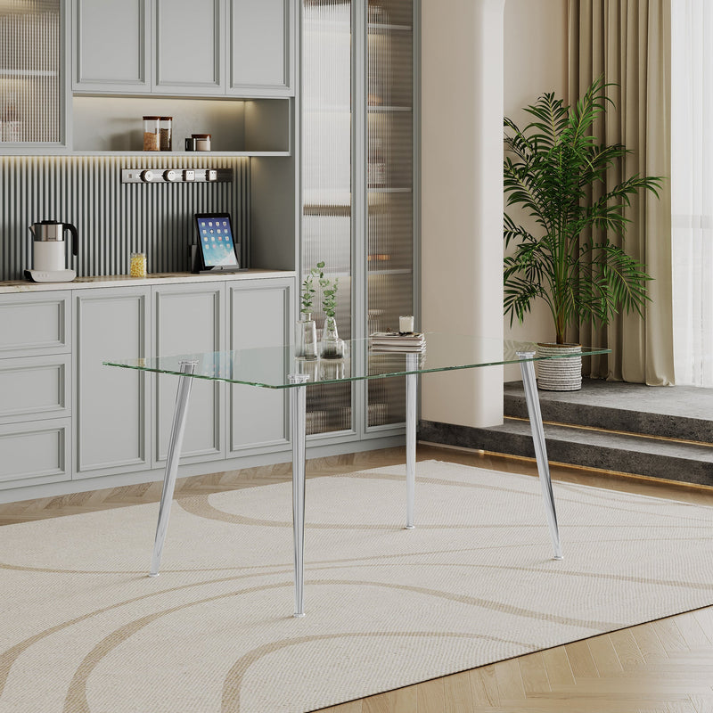 0.32" Thick Tempered Glass Top Dining Table with Silver Stainless Steel Legs