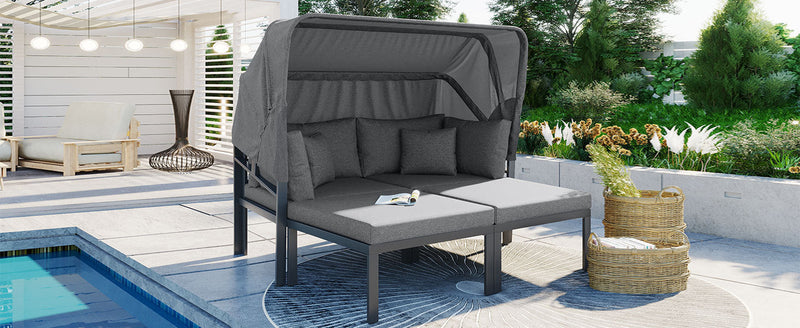 3-Piece Patio Daybed with Retractable Canopy Outdoor Metal Sectional Sofa Set Sun Lounger with Cushions for Backyard, Porch, Poolside,Grey