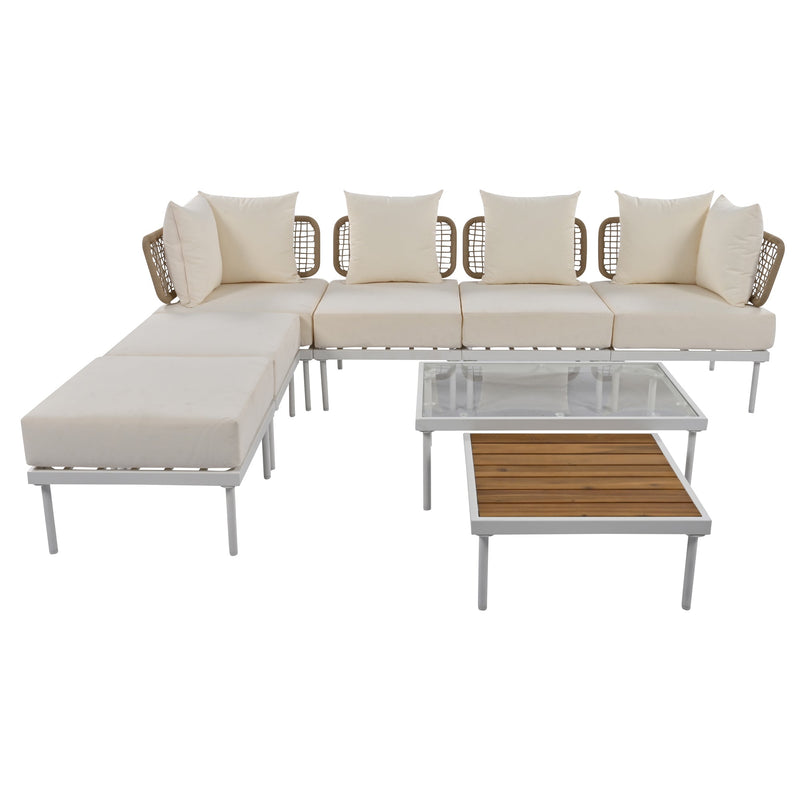 Walker Edison - 8-Piece Patio Sectional Sofa Set with Tempered Glass Coffee Table and Wooden Coffee Table for Outdoor Oasis, Garden, Patio and Poolside (Beige Cushion + White Steel)