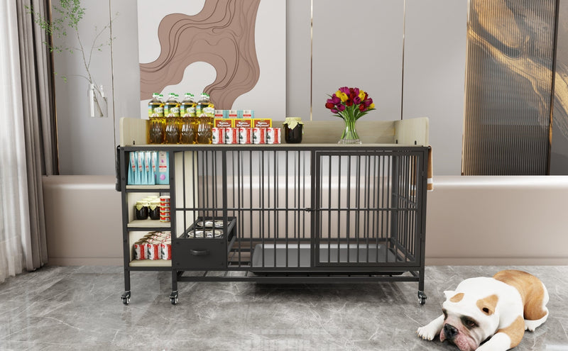 Large pet cage with storage rack, drawers with stainless steel food and water basin, made of iron frame and MDF material, sturdy, exquisite, and practical (black+beige)