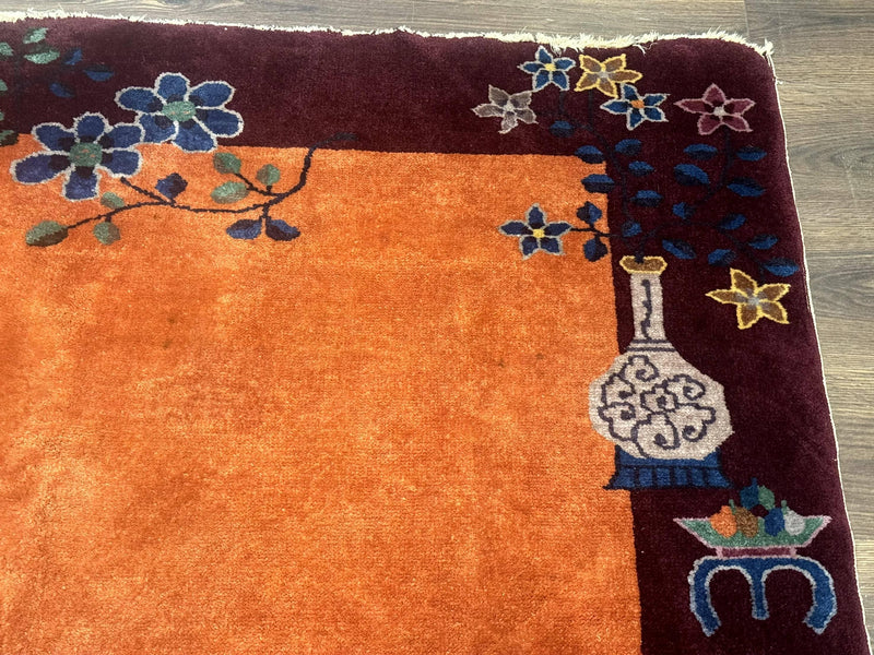 Chinese Art Deco Rug 5x8, Antique Chinese Wool Rug, Nichols Rug, Rare Chinese Carpet, Orange and Purple-Maroon