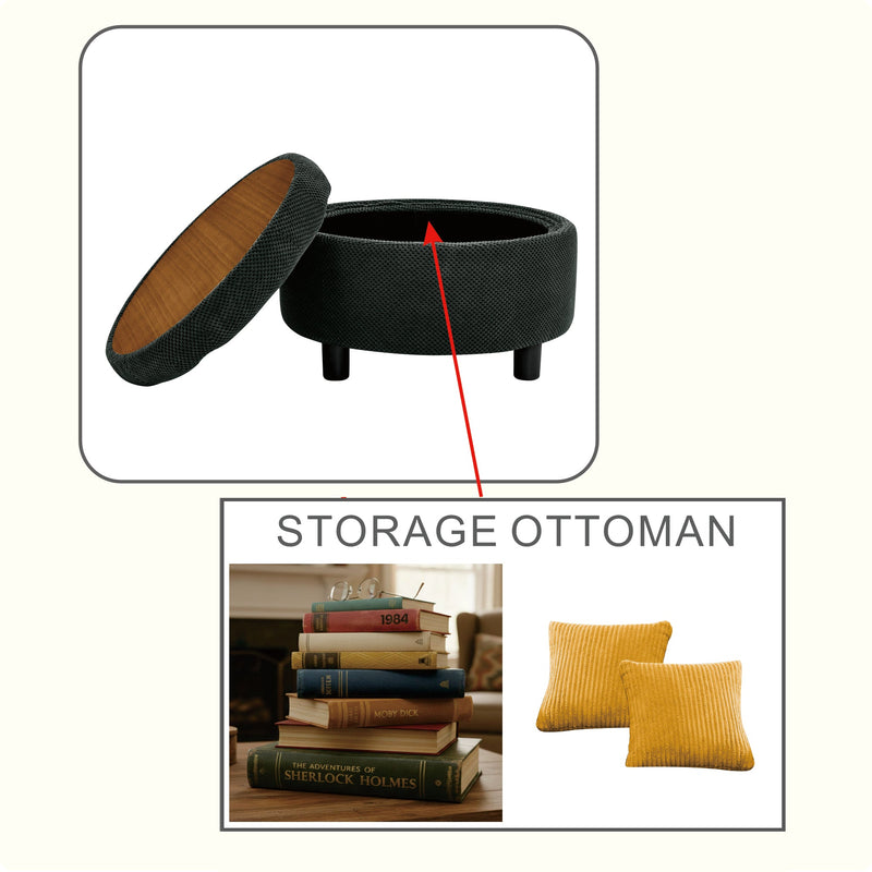 25 Inch Round Storage Ottoman with Tray, photo 5 of 10