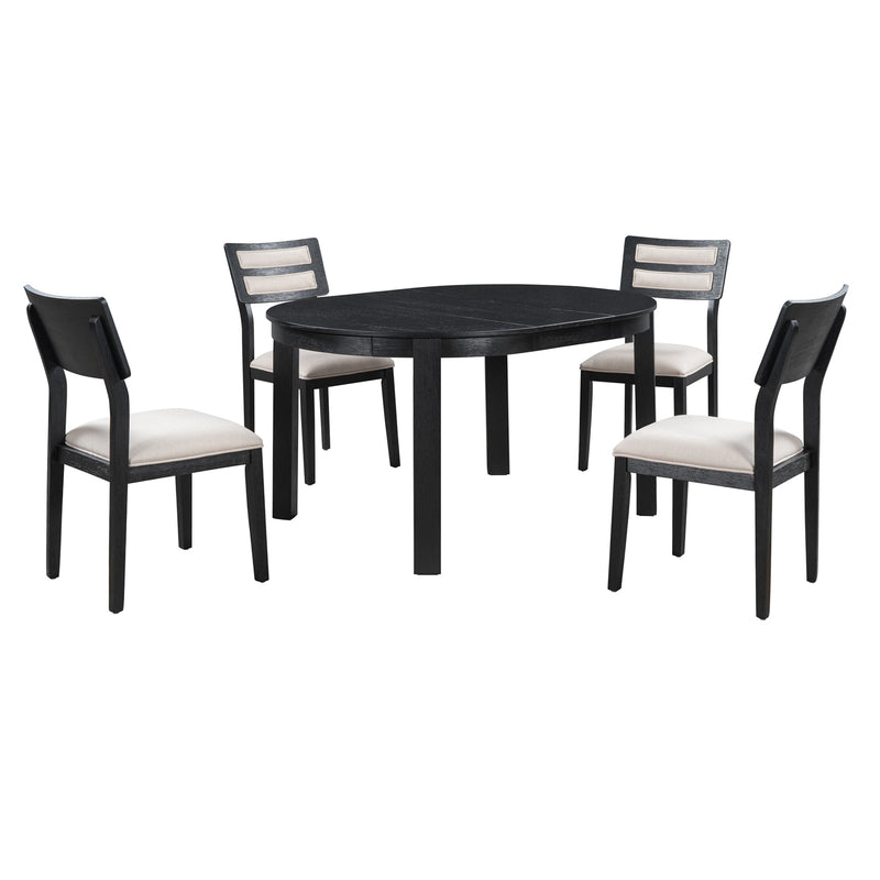 5-Piece Multifunctional Dining Table Set, Farmhouse Dining Set with Extendable Round Table,Two Small Drawers and 4 Upholstered Dining Chairs for Kitchen and Dining Room (Black)