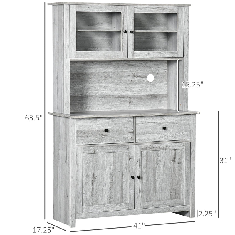 63.5" Kitchen Buffet with Hutch, Pantry Storage Cabinet with 4 Shelves, Drawers, Framed Glass Doors, Open Microwave Countertop, Ash Grey
