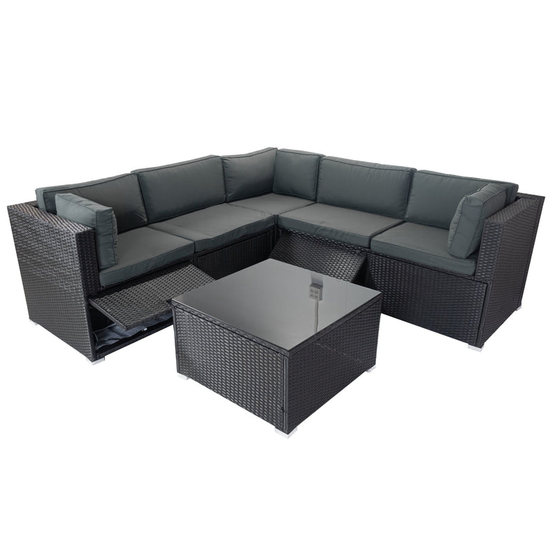 6 Pieces PE Rattan sectional Outdoor Furniture Cushioned Sofa Set with 3 Storage Under Seat Black Wicker + Dark Grey Cushion