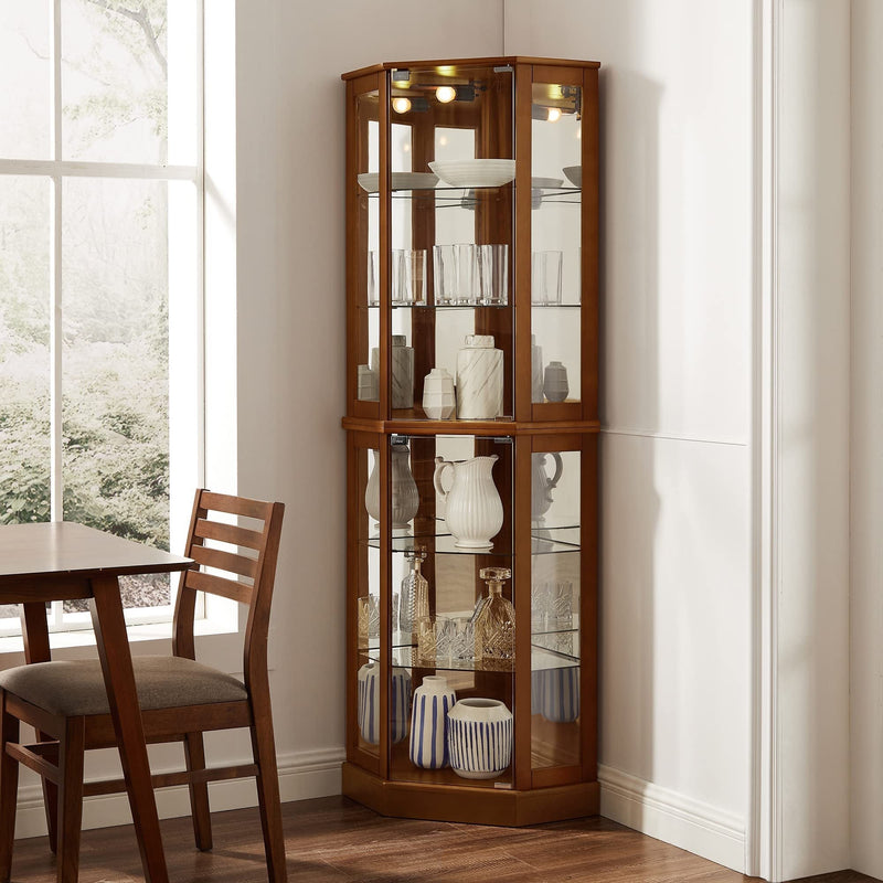 6 Shelf Corner Curio Display Cabinet with Lights, Mirrors and Adjustable Shelves, Walnut