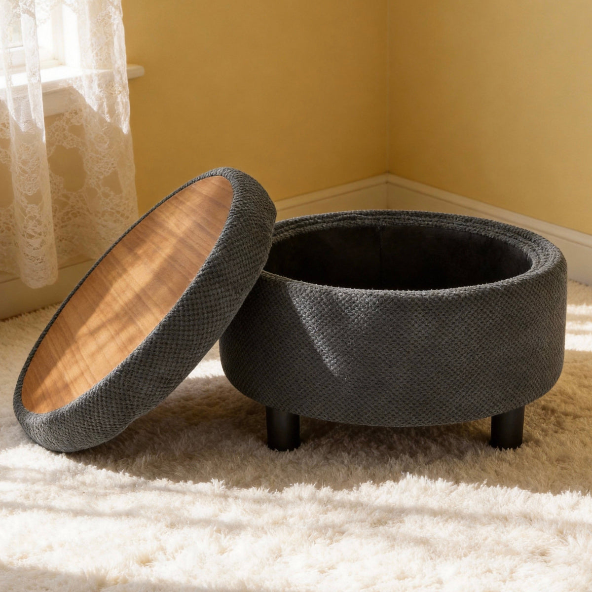 25 Inch Round Storage Ottoman with Tray, photo 3 of 10