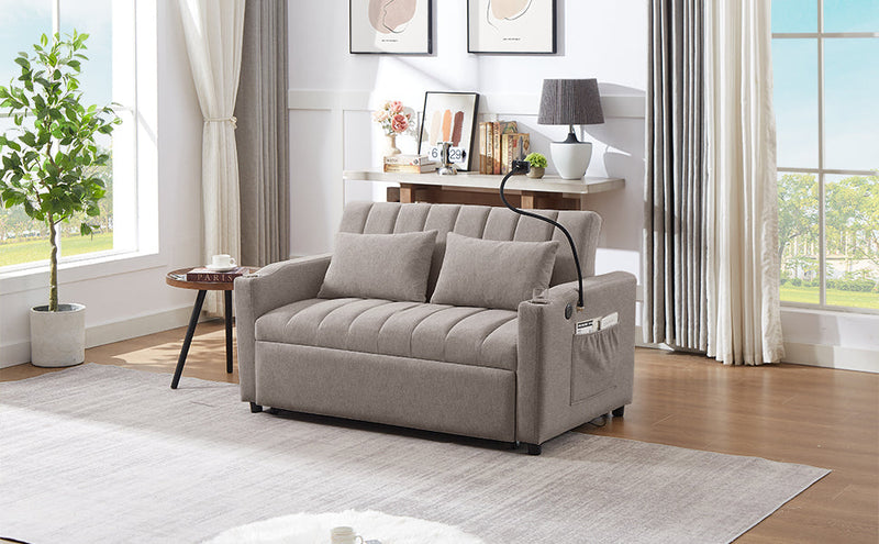 55.9" Convertible Sofa Bed Loveseat Sofa with Three USB Ports, Two Side Pockets, Two Cup Holders and 360Swivel Phone Holder for Living Room, Light Grey