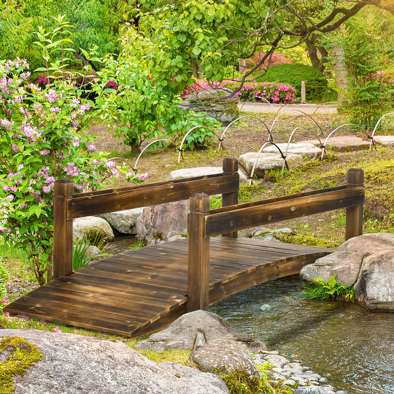 7.5' Wooden Garden Bridge with Planters, Stained Finish Arc Footbridge with Safety Railings for Backyard, Pond Stream, Stained Wood