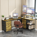 Industrial L Shaped Desk With Power Hub With 6 Drawers And Adjustable Monitor Stands - Brown