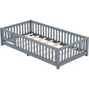 Twin Size Bed Floor Bed with Safety Guardrails and Door for Kids, Gray