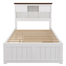3 Pieces Wooden Captain Bedroom Set Full Bed with Trundle, Nightstand and Dresser, White + Walnut