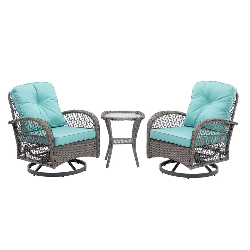 3 Pieces Outdoor Swivel Rocker Patio Chairs, 360 Degree Rocking Patio Conversation Set with Thickened Cushions and Glass Coffee Table for Backyard, Blue
