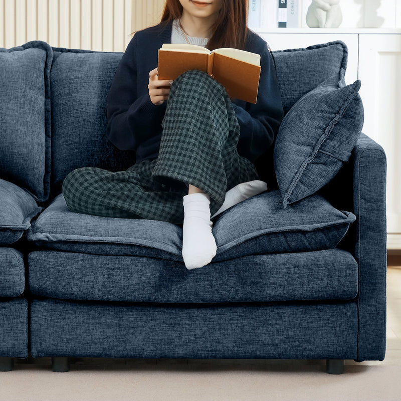 Modern Modular Sectional Sofa 105-Inch L-Shaped Couch Set with Movable Ottoman in Blue Chenille