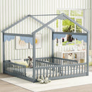 Double Twin House-Style Floor Bed with Fence, Guardrails, without door, Grey(Old Sku:W504P143316)