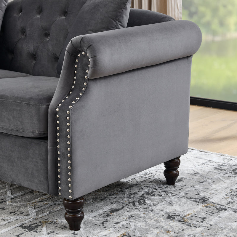 57" Chesterfield Sofa Grey Velvet for Living Room, 2 Seater Sofa Tufted Couch with Rolled Arms and Nailhead for Living Room, Bedroom, Office, Apartment, two pillows