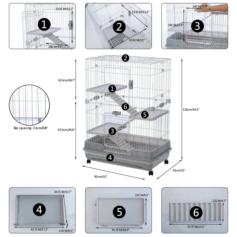4-Tier 32" Small Animal Metal Cage Height Adjustable with Lockable Casters Grilles Pull-out Tray for Rabbit Chinchilla Ferret Bunny Guinea Pig Squirrel Hedgehog (GREY)