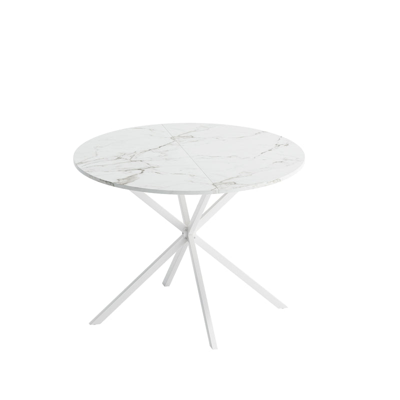 42.13" Modern Cross Leg Round Dining Table, White Marble Top Occasional Table, Two Piece Removable Top, Matte Finish Iron Legs