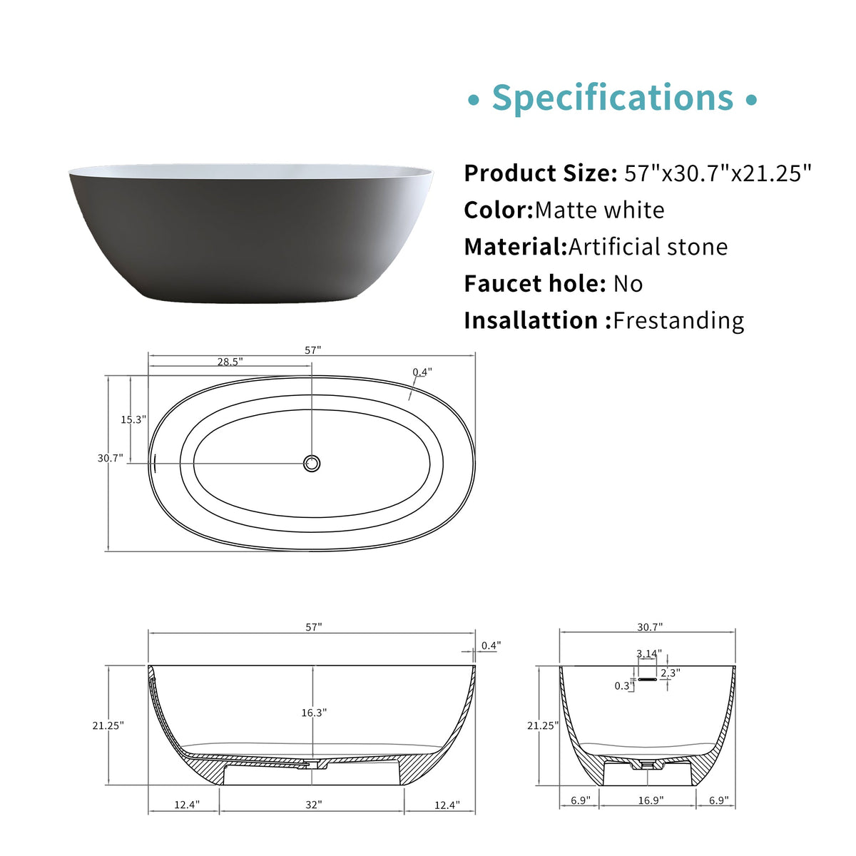 57" Solid Surface Matte Tub, photo 6 of 10