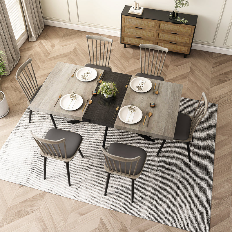 55.11" -70.86"Retro Rectangular Stretch Dining Table, Grey Carole Top With Black Embossed Center Plate, Black Fine Sand Cross Iron Foot Base Dining Table, With Storage Box.