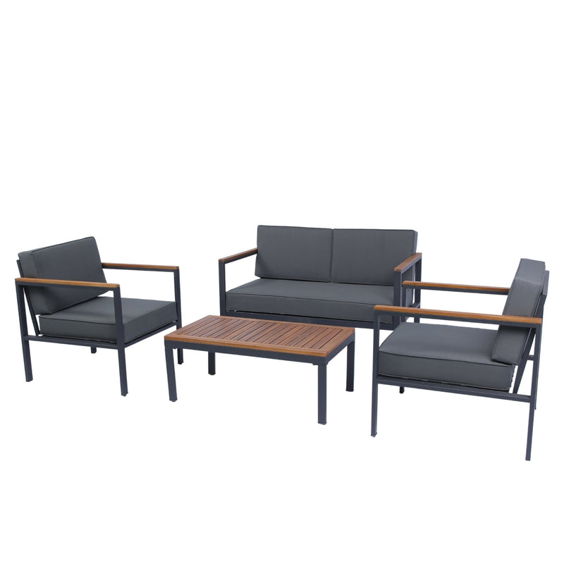 Walker Edison - 4 Piece Outdoor Sofa Set with Acacia Wood Top, Padded Patio Conversation Table Chair Set w/Coffee Table for Garden, Backyard, Poolside Dark Grey Cushion