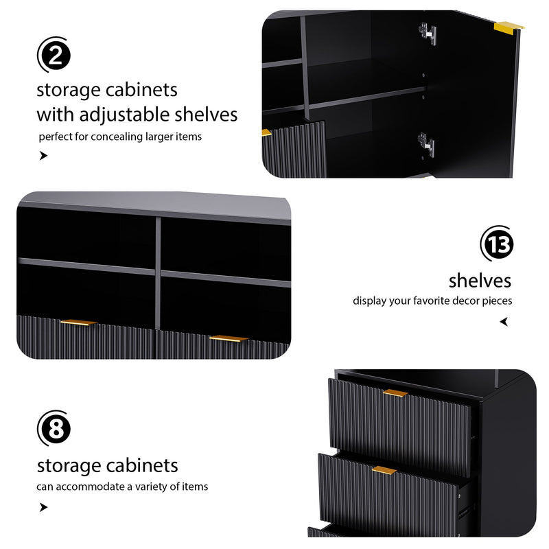 4-Piece Entertainment Wall Unit with 13 shelves,8 Drawers and 2 Cabinets, Multifunctional TV Stand Media Storage Cabinet with Fluted Line Surface for Living Room, for TVs Up to 70"