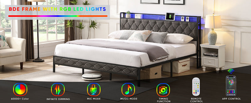 Walker Edison | Upholstered Storage Charging Station and LED Lights Bed