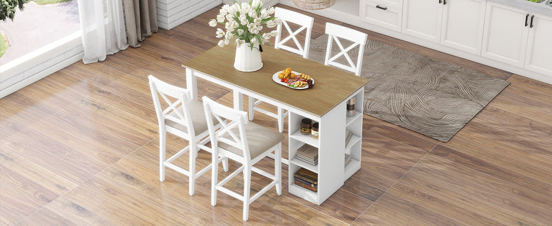 60"Lx30"W Solid Wood Farmhouse Counter Height Dining Table Set with 3-Tier Storage Shelves, Upholstered Dining Chairs for 4, 5-Piece, White