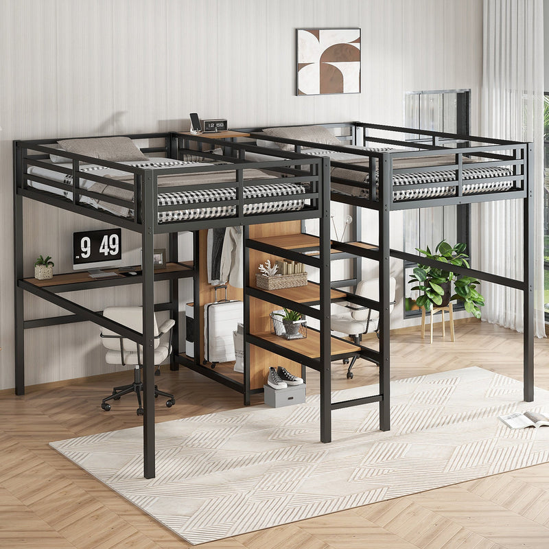 Twin Over Twin Metal Loft Bed with Double Desk and Wardrobe and Shelves with Electrical Outlet for Space Saving and Noise Reduction, woodgrain