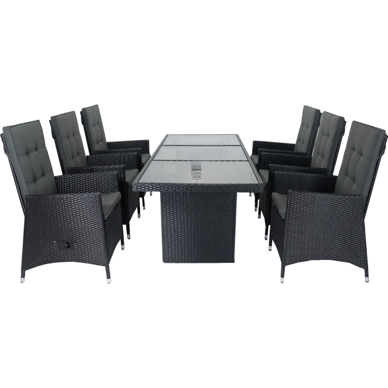 7 Piece Outdoor Patio Wicker Dining Set Patio With Adjustable Backrest Black Wicker + Dark Grey Cushion
