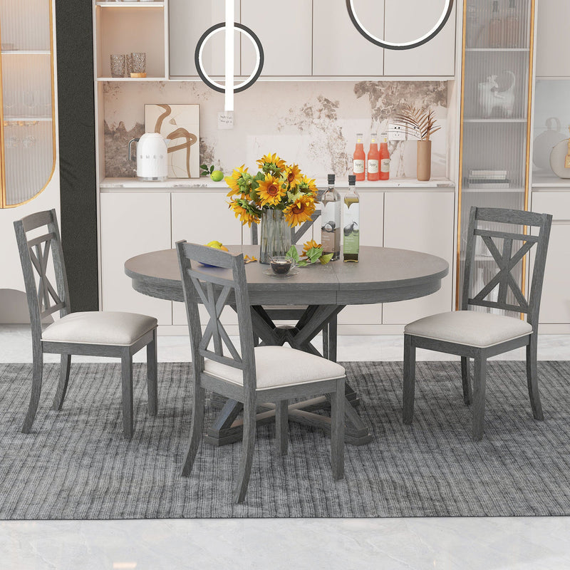 5-Piece Retro Functional Dining Table Set Extendable Round Table and 4 Upholstered Chairs for Dining Room and Living Room (Grey)