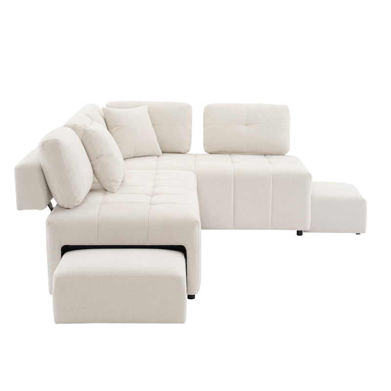 91.73" L-shaped Sofa Sectional Sofa Couch with 2 Stools and 2 Lumbar Pillows for Living Room, Biege