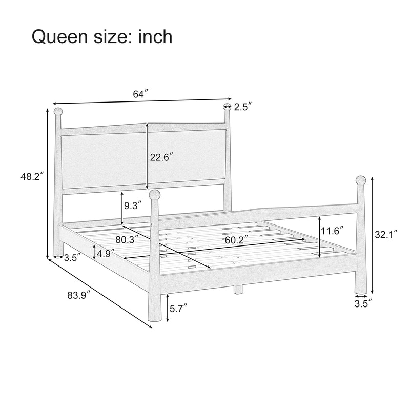 Mid-Century Modern Queen Size Solid Pine Wood Platform Bed with Upholstered Headboard in Boucle, No Box Spring Needed, Brown